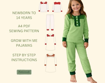 Grow With Me Pajamas Sewing Pattern PDF for Kids, Adjustable Fit, Newborn to 14Y