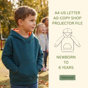 Kids Hoodie Pattern Newborn–6Y Easy Raglan PDF, A4 US Letter, A0 Copyshop, Projector