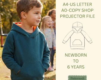 Kids Hoodie Pattern Newborn–6Y Easy Raglan PDF, A4 US Letter, A0 Copyshop, Projector