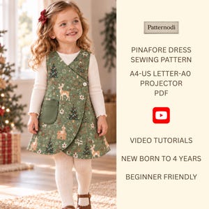 Könnte beinhalten: Ein grünes Trägerkleid mit einem weihnachtlichen Druck aus Hirschen, Bäumen und Häusern. Der Text lautet: Patternodi, Pinafore Dress Sewing Pattern, A4-US Letter-A0 Projector PDF, Video Tutorials, New Born to 4 Years, Beginner Friendly.