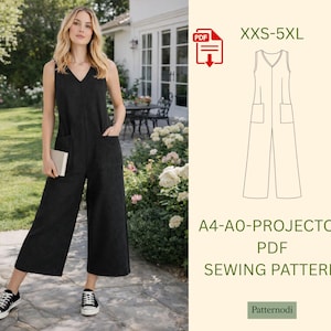 May include: A woman wearing a black jumpsuit with a V-neck and wide legs, holding a book. The image also shows a PDF sewing pattern with the text "XXS-5XL" and "A4-AO-PROJECTOR PDF SEWING PATTERN".