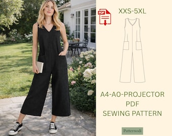 Jumpsuit Pattern PDF, V Neck Wide Leg Pockets, A4 A0 Projector, XXS-5XL