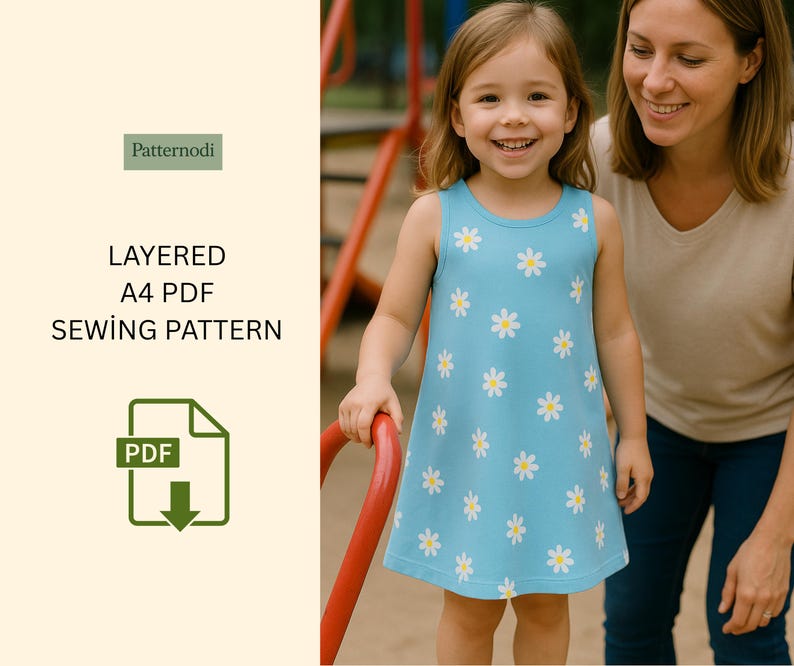 Smiling girl in blue daisy kids a line dress at playground with parent, layered A4 PDF sewing pattern graphic