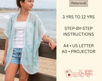 Kids Kimono Pattern, Beach Cover Up, Sizes 3-12Y (A0, A4, US Letter, Projector PDF)