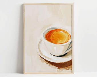 May include: A framed art print featuring a white teacup and saucer filled with orange liquid, possibly tea or coffee. The artwork has a minimalist style with brushstrokes in shades of white, brown, and orange. A silver spoon rests inside the cup.