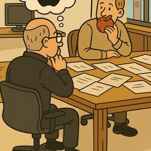 Puede incluir: Ilustración de dos hombres en una mesa, uno comiendo una manzana, el otro pensativo. Una burbuja de pensamiento sobre el primer hombre muestra el logotipo de Apple. La escena está ambientada en una oficina con un ordenador y papeles sobre la mesa.