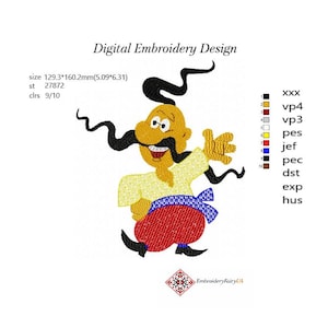 May include: Digital embroidery design featuring a cartoon Cossack character with a large black mustache and a yellow face. The design includes a yellow shirt, red pants, and a blue sash. The design measures 5.09 x 6.31 inches.