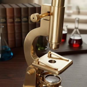 May include: A vintage brass microscope with a detailed design. The microscope has a long, vertical tube and a base with a stage and lens. The background includes books and laboratory glassware, suggesting a scientific or educational theme.