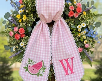 Embroidered Watermelon Gingham Wreath Sash, Personalized Pink Door Tie, Summer Decor Accent
