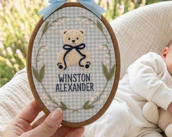 Personalized Teddy Bear Embroidery Hoop, Custom Name Nursery Wall Art, Baby Boy Gift, Blue Gingham Bear Hoop Decor