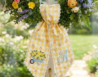 Lemon Wheelbarrow Wreath Sash, Personalized Monogram Embroidered Bow, Spring Gingham Front Door Decor, Chinoiserie Decor