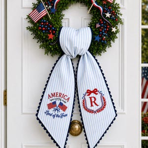Personalized Patriotic Wreath Sash, Custom Monogram Door Bow, Blue Stripe 4th of July Wreath Bow, Summer Door Decor