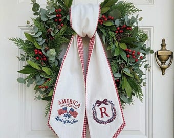 Patriotic Door Wreath Sash, 4th of July Decor, Personalized Monogram Banner, American Flag Door Hanger, Independence Day Decoration
