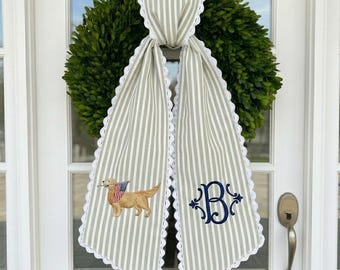 Custom Dog Door Sash with American Flag, Patriotic Wreath Bow, Monogram Porch Decor, Fourth of July Front Door Decoration