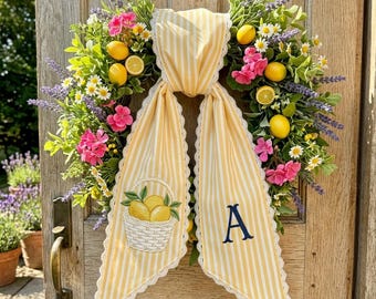 Embroidered Lemon Topiary Wreath Sash - Personalized Monogram, Chinoiserie Front Door Decor