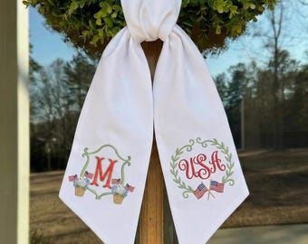 USA Flag Wreath Sash, Custom Monogrammed Ribbon for Wreath, Embroidered Patriotic Door Decoration