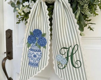 Personalized Hydrangea Embroidered Bow | Custom Monogram Wedding Sash | Blue Floral Door Wreath Sash | Spring Garden Home Decor