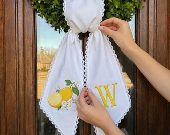 Lemon Daisy Wreath Sash Monogram, Personalized Embroidered Door Sash, Spring Summer Cottage Decor Gift