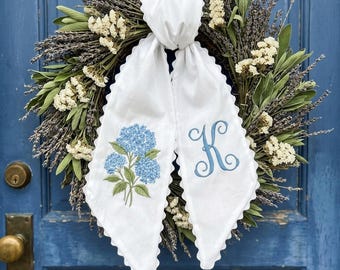 Personalized Hydrangea Wreath Sash, Embroidered Monogram Bow, Front Porch Door Decor