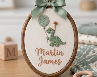 Dinosaur Baby Name Sign Embroidered, Personalized Hoop Nursery Wall Decor, Heirloom Newborn Keepsake
