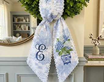 Personalized Hydrangea Wreath Sash, Custom Embroidered Monogram and Floral Door Decor, Spring Garden Accent, Elegant Home Decor