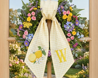 Embroidered Lemon Daisy Door Sash, Custom Monogram Wreath Tie, Spring Cottage Front Door Decor Gift
