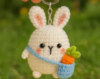Crochet Bunny Keychain with Carrot Bag – Handmade Amigurumi Rabbit Charm