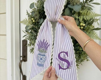 Personalized Purple Lavender Wreath Sash, Embroidered Chinoiserie Floral Monogram Initial Bow, Lavender White Striped Door Hanger