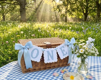 Custom ONE Happy Birthday Banner, Customizable Baby First Birthday Photo Prop, Embroidered Bow First Birthday Decor