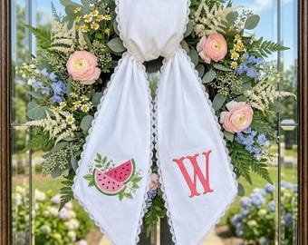 Watermelon Wreath Sash Monogram, Personalized Embroidered Pink Gingham Door Tie, Summer Decor Gift,Embroidered Wreath Sash, Watermelon decor