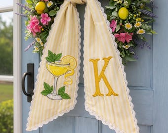 Lemon Cocktail Wreath Sash Monogram, Personalized Embroidered Door Tie, Summer Stripe Decor Gift