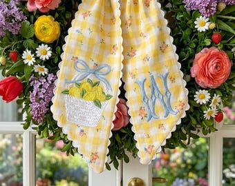 Lemon Basket Wreath Sash Monogram, Personalized Embroidered Gingham Bow, Spring Cottage Front Door Decor