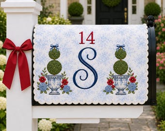 Topiary Monogram Embroidered Mailbox Cover, Custom House Number Wrap, Personalized Family Name Outdoor Decor
