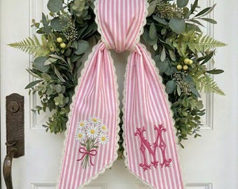 Personalized Daisy Bouquet Wreath Sash, Embroidered Monogram Bow, Front Porch Door Decor