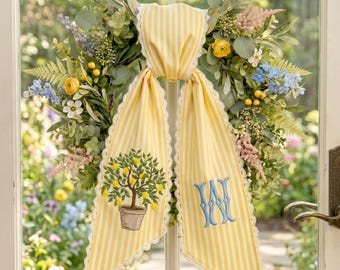 Personalized Lemon Tree Wreath Sash, Yellow Striped Embroidered Monogram Bow, Chinoiserie Front Door Decor