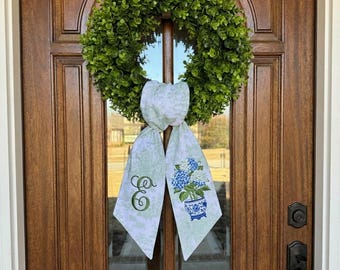 Personalized Hydrangea Wreath Sash, Custom Embroidered Monogram and Floral Door Decor, Spring Garden Accent, Elegant Home Decor