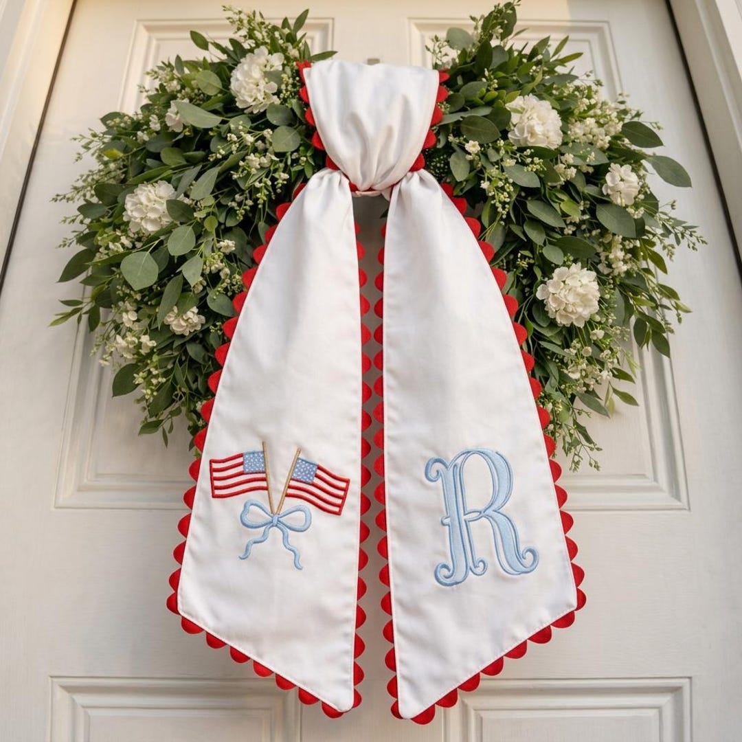 Personalized Patriotic Wreath Sash, Embroidered Floral Door Bow, Monogram Ribbon, 4th of July Decor, Chinoiserie Front Door Decor - Red Lace- White, Flag + Initials