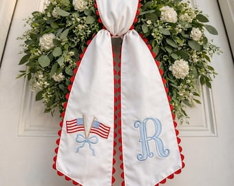 Personalized Patriotic Wreath Sash, Embroidered Floral Door Bow, Monogram Ribbon, 4th of July Decor, Chinoiserie Front Door Decor