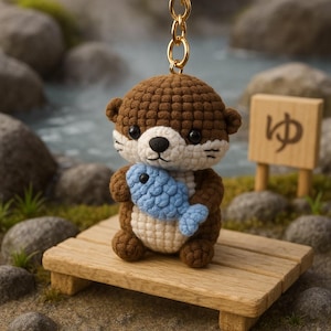Handmade Amigurumi Otter Keychain, Soft Crochet Otter with Blue Fish Accessory for Gift Ideas