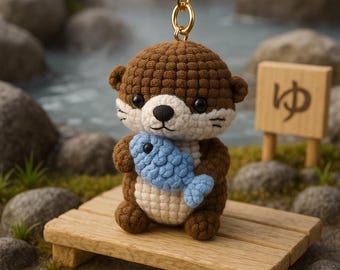 Handmade Amigurumi Otter Keychain, Soft Crochet Otter with Blue Fish Accessory for Gift Ideas