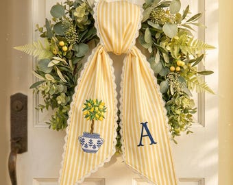 Personalized Lemon Tree Wreath Sash, Yellow Striped Embroidered Monogram Bow, Chinoiserie Front Door Decor