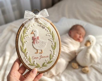 Personalized Goose Embroidery Hoop - Custom Baby Name Nursery Decor, Baby Announcement Sign
