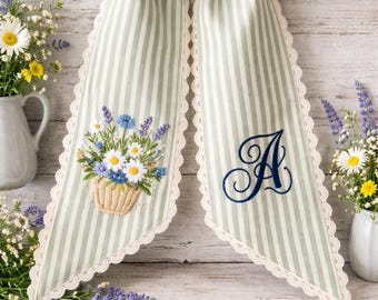 Personalized Floral Wreath Sash, Custom Monogram Door Bow, Green Stripe Ribbon, Embroidered Flower Basket Decor, Farmhouse Door Accent