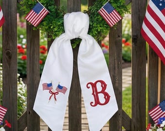 Personalized Patriotic Wreath Sash, Custom Monogram Flag Bow, 4th July Door Decor