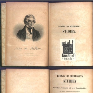 May include: Open book with a portrait of Ludwig van Beethoven and text in German. The book's title is "Studien" and includes the publisher's logo. The pages are aged with a decorative border.