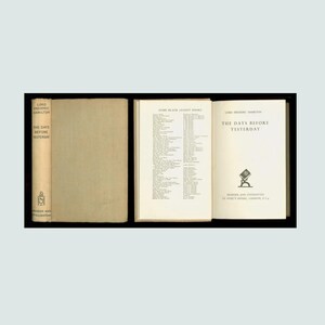 May include: Three vintage books are displayed. One is closed, showing a tan cover with the title "THE DAYS BEFORE YESTERDAY". The other two books are open, revealing text and a logo. The books are set against a light blue background.