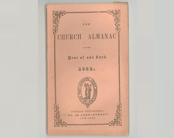 1852 Protestant Episcopal Church Almanac 19th Century Almanack with Church Bishops & Clergy List Antique Religious Pamphlet Paper Ephemera