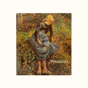 May include: A painting of a young person in a blue skirt and black shirt standing in a field of green and yellow flowers. The person is holding a stick and looking down. The painting is signed "Pissarro" in the bottom right corner.