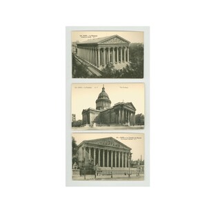 3 cartões postais de Paris, por volta de 1905, fotogravuras do Panteão, La Chambre des Députés, La Madeleine, cartões postais fotográficos parisienses