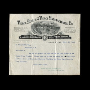 Pierce, Butler & Pierce Manufacturing Company 1910 Carta comercial con membrete de la empresa, calderas, radiadores, suministros sanitarios, Syracuse NY